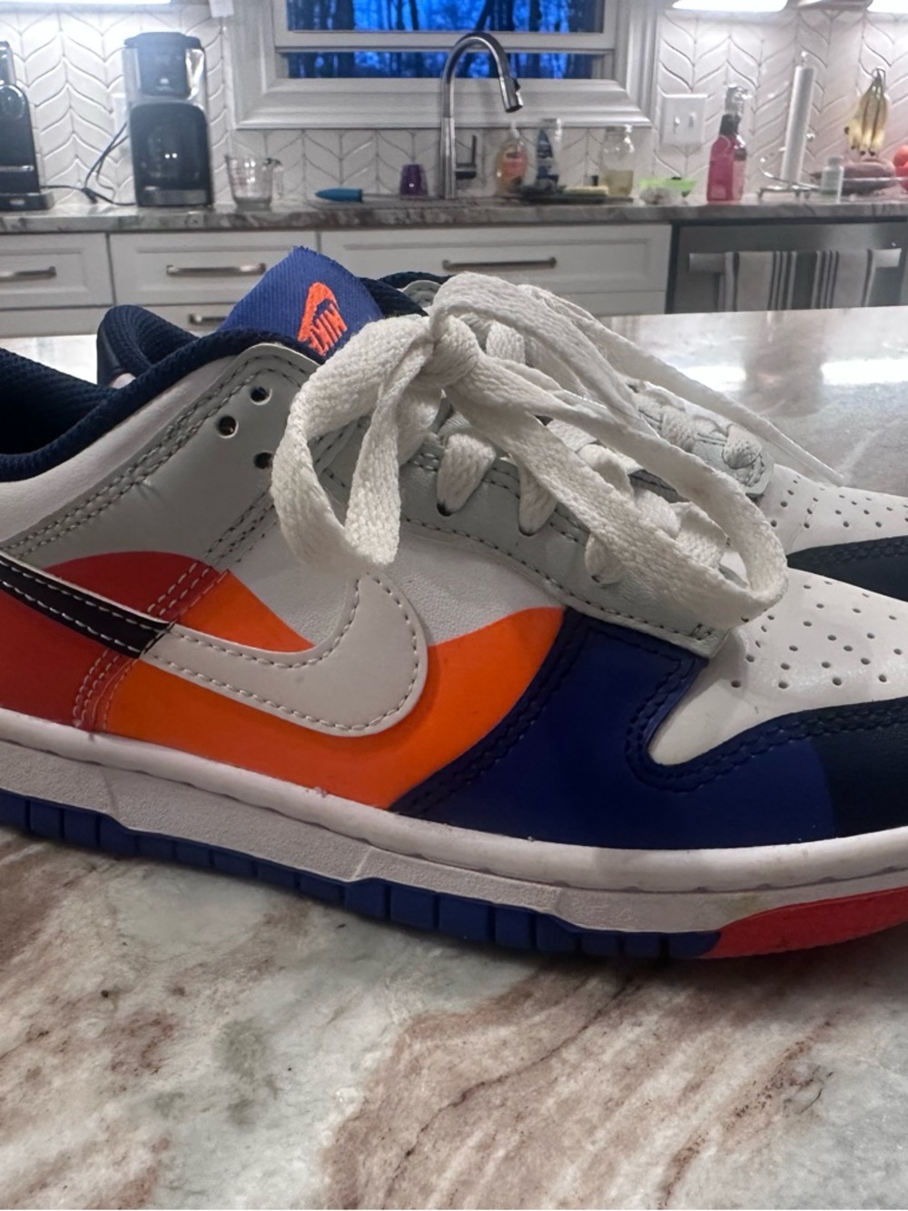 Nike Dunks. Kids White, Blue & Orange Low-Top Athletic Shoes - Picture 2 of 6
